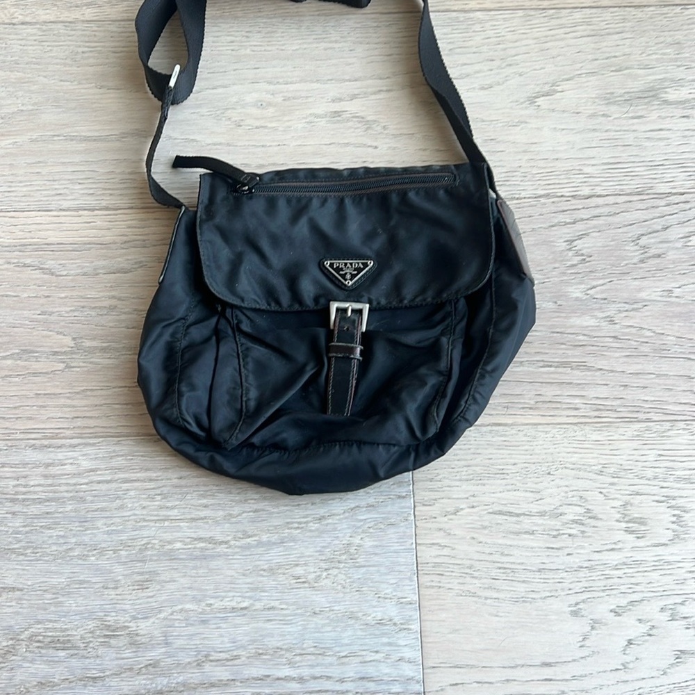 Prada Black Nylon Messenger Bag with Logo Accent